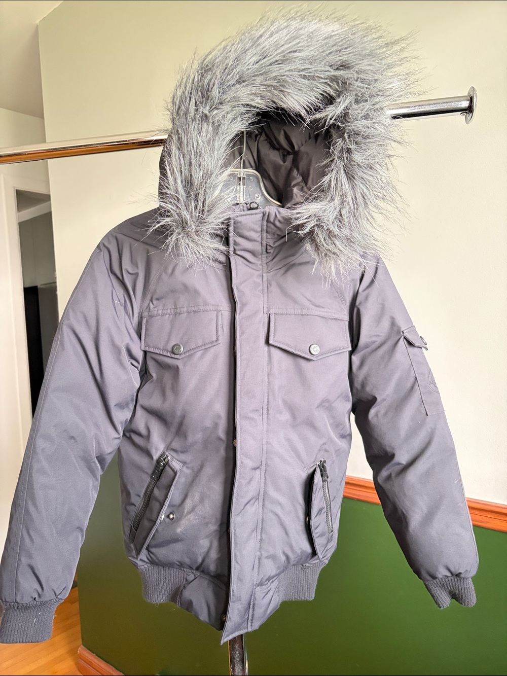 Ecko Unlimited Grey Hooded Puffer Jacket with Faux Fur Trim
